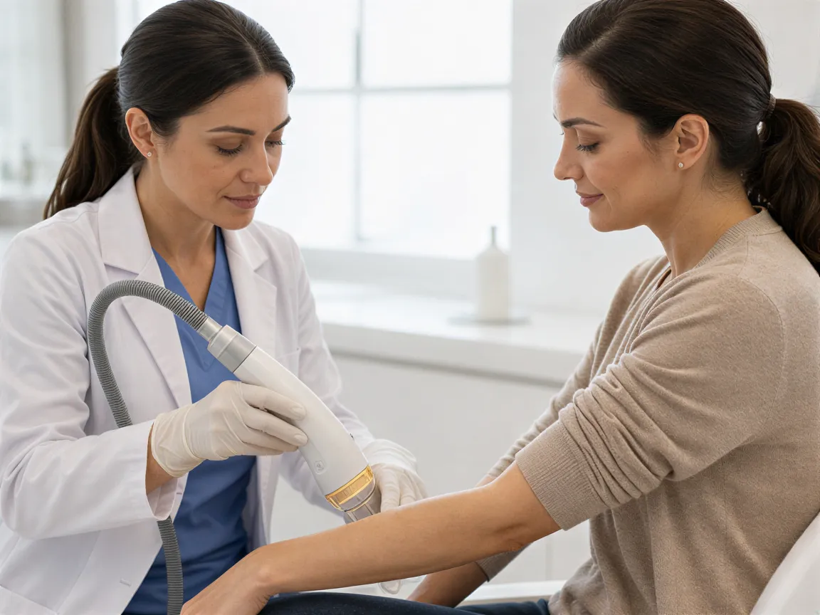 Eine Dermatologin untersucht mit einem modernen Laserhandstück sorgfältig die Haut am Unterarm einer Patientin.