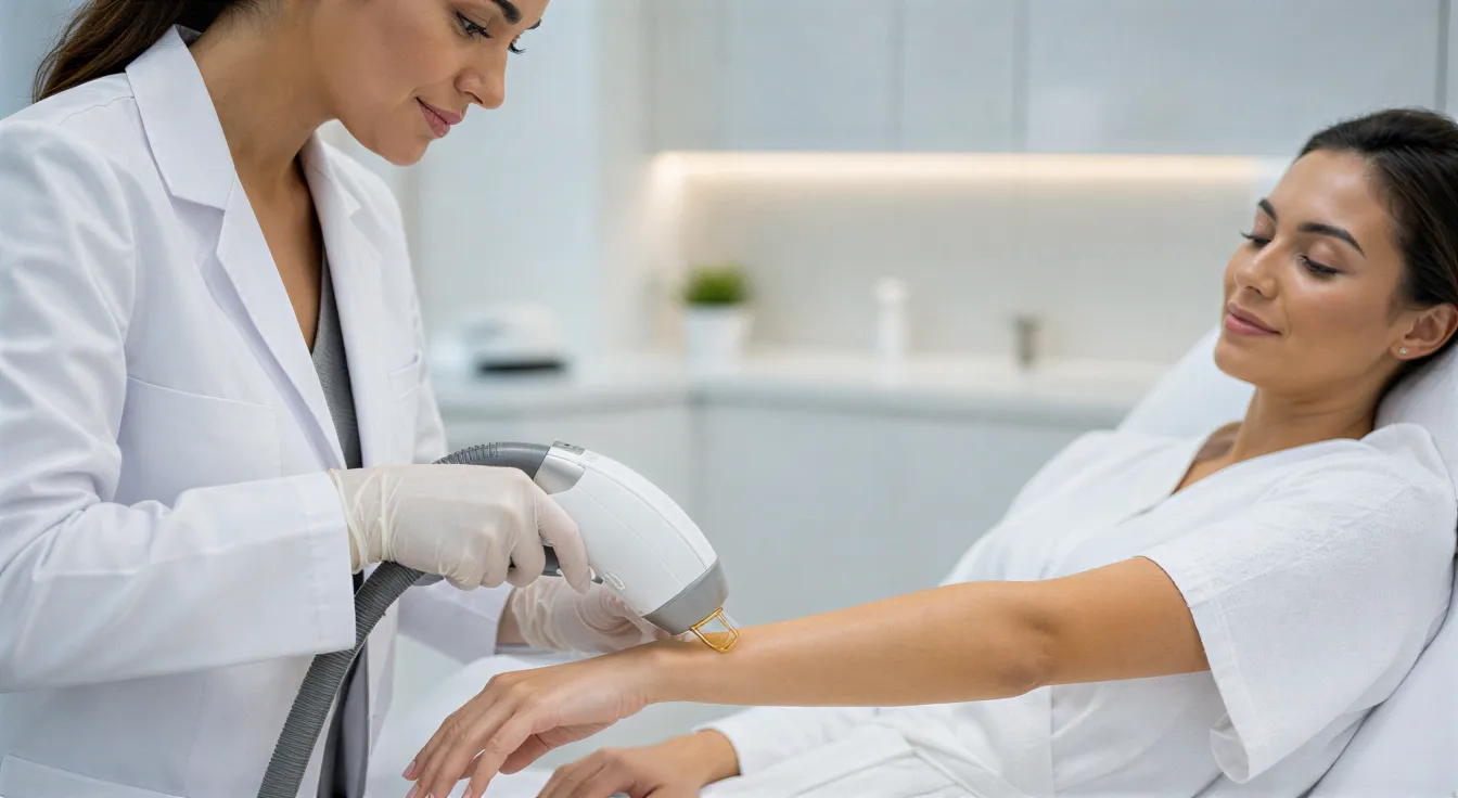 Eine Ärztin führt eine präzise Laser-Haarentfernungsbehandlung am Unterarm einer entspannten Patientin durch.