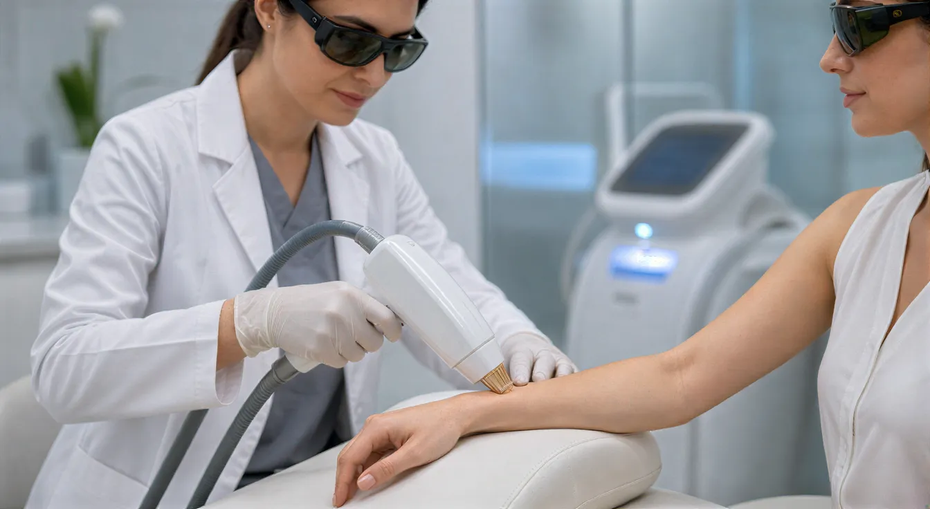 Eine Lasertechnikerin führt eine präzise Behandlung am Unterarm einer Klientin in einem modernen Behandlungsraum durch.