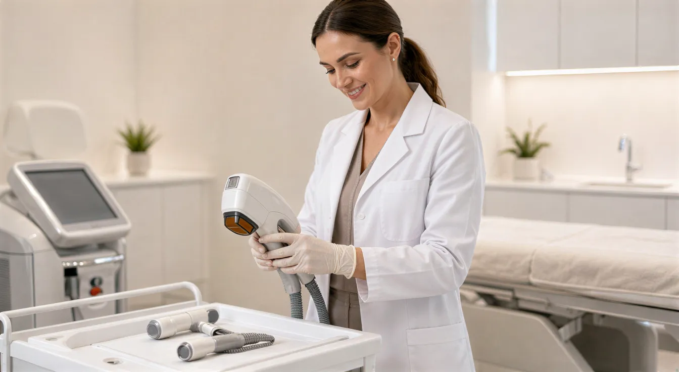 Eine freundliche Dermatologin in einem weißen Kittel bereitet ein modernes Lasergerät in einem ruhigen Behandlungsraum vor.