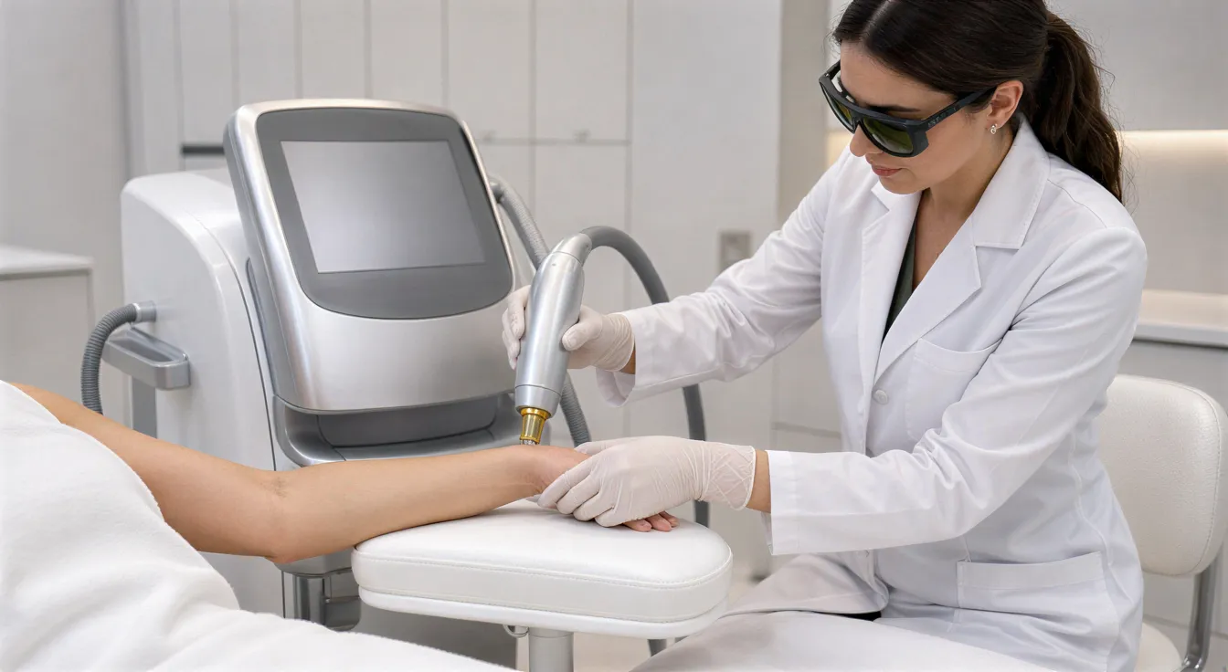Eine Lasertechnikerin führt mit einem modernen Gerät eine Haarentfernungsbehandlung am Arm eines Kunden durch.