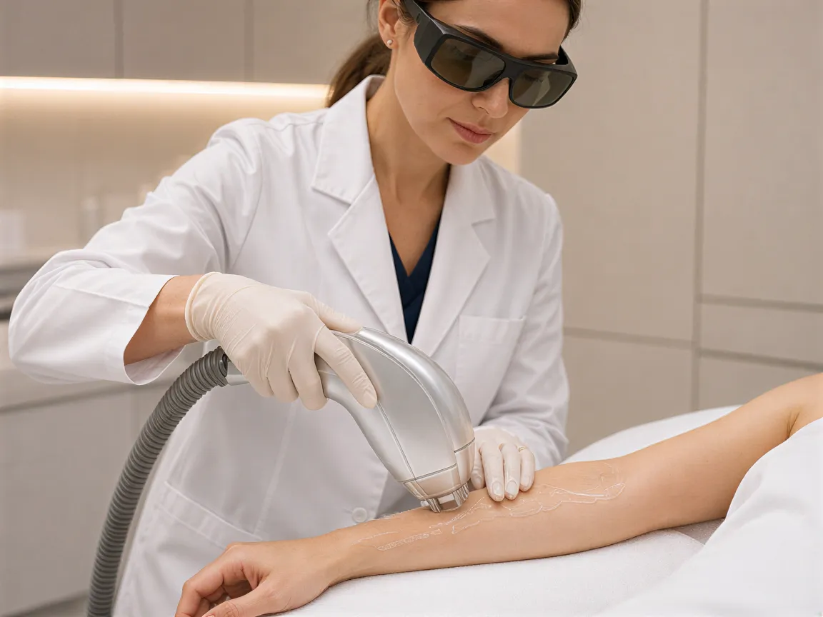 Eine Ästhetikerin führt mit einem Lasergerät eine Haarentfernungsbehandlung am Unterarm einer Klientin durch.