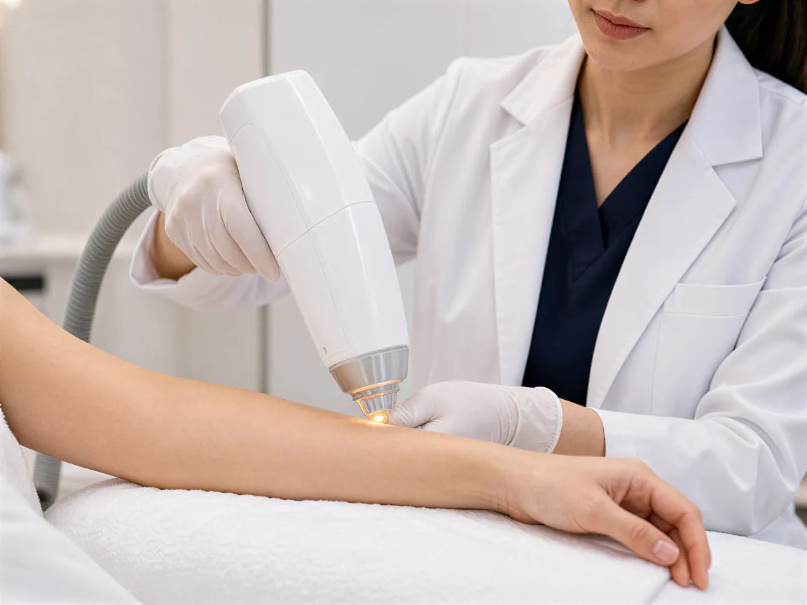 Eine Dermatologin führt eine Laser-Haarentfernungsbehandlung am Unterarm einer Klientin in einer modernen Klinik durch.
