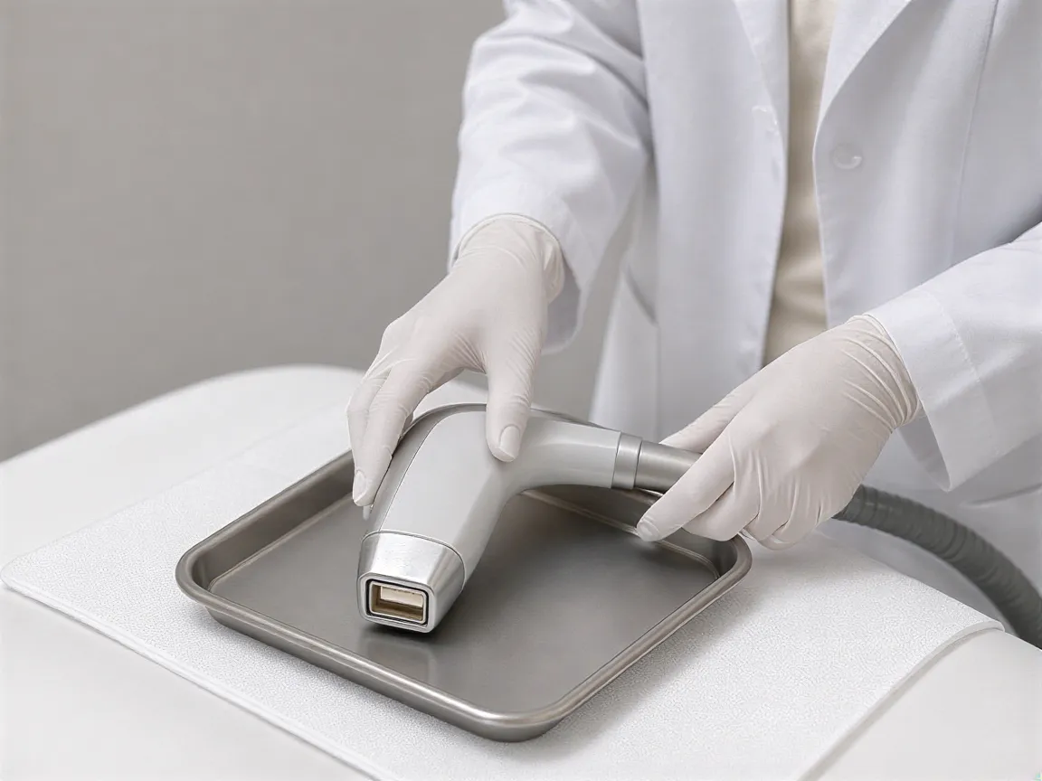 Eine klinische Fachkraft bereitet ein modernes Laser-Handstück auf einem sterilen Tablett vor.