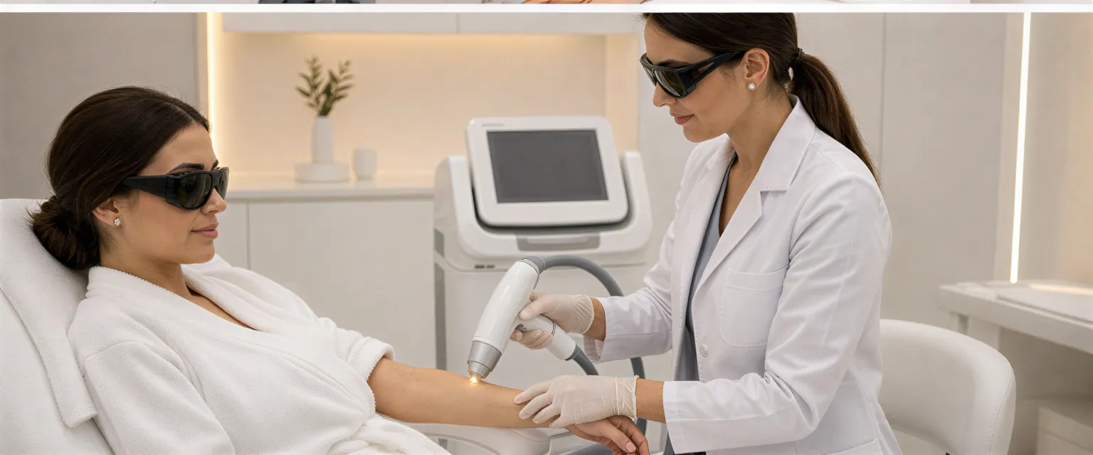 Eine Lasertechnikerin führt an einer Klientin in einem modernen Behandlungsraum eine Haarentfernungsbehandlung durch.