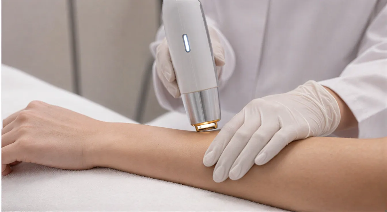 Eine Ärztin hält mit behandschuhten Händen einen Laser-Handapparat über den Unterarm eines Patienten.