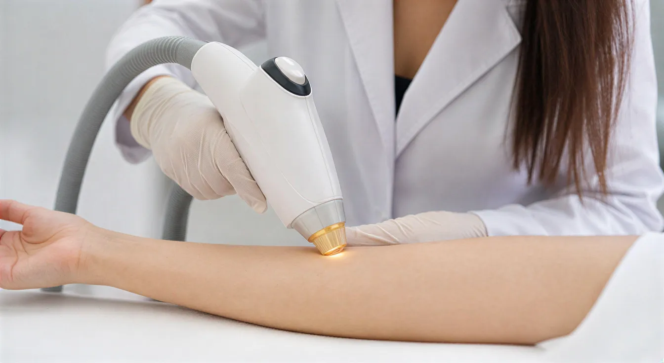Eine Lasertechnikerin führt mit einem medizinischen Gerät eine Haarentfernungsbehandlung am Unterarm eines Klienten durch.