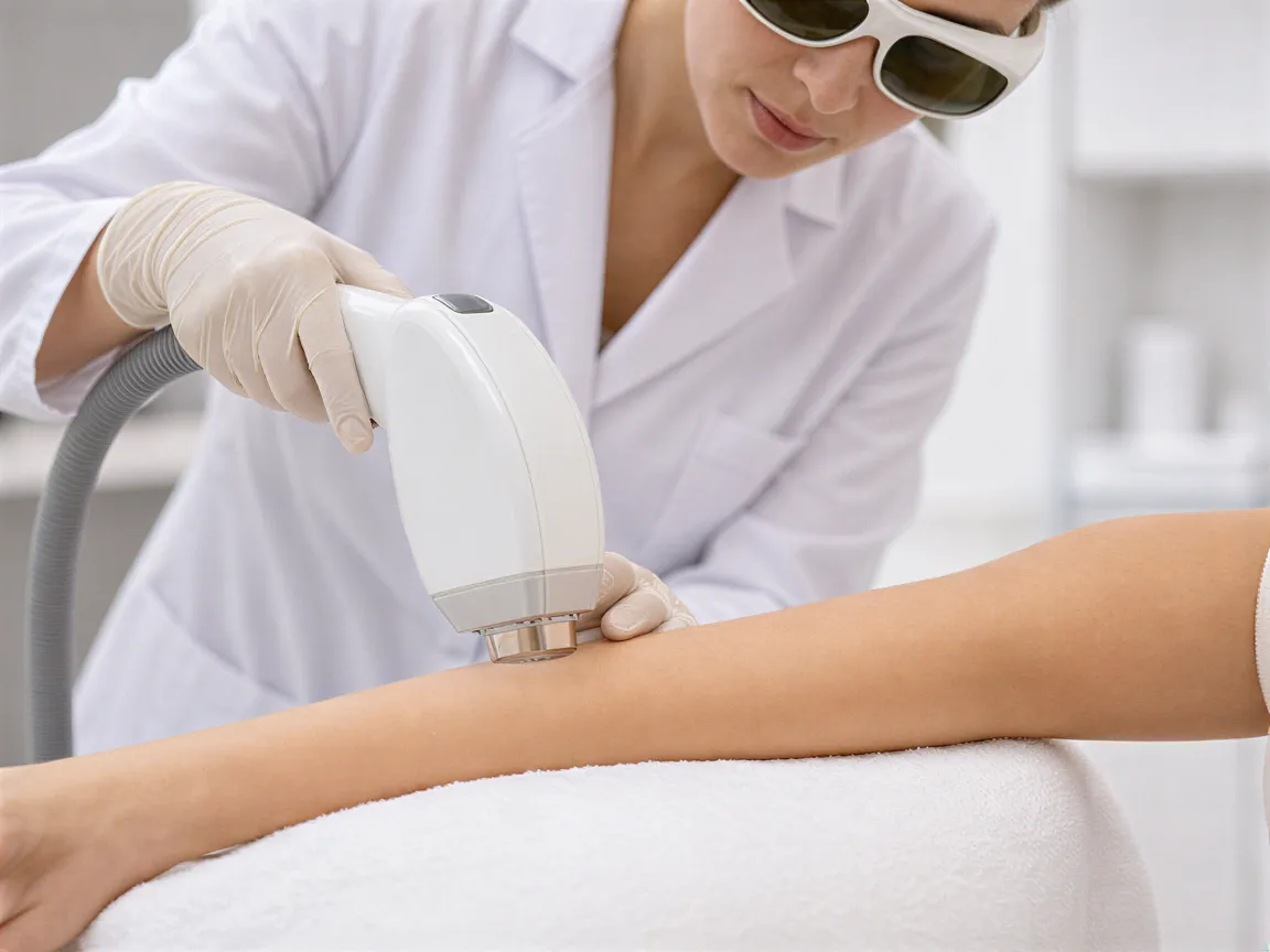 Eine Ärztin führt eine Laser-Haarentfernungsbehandlung an einem Arm in einer modernen Klinik durch.