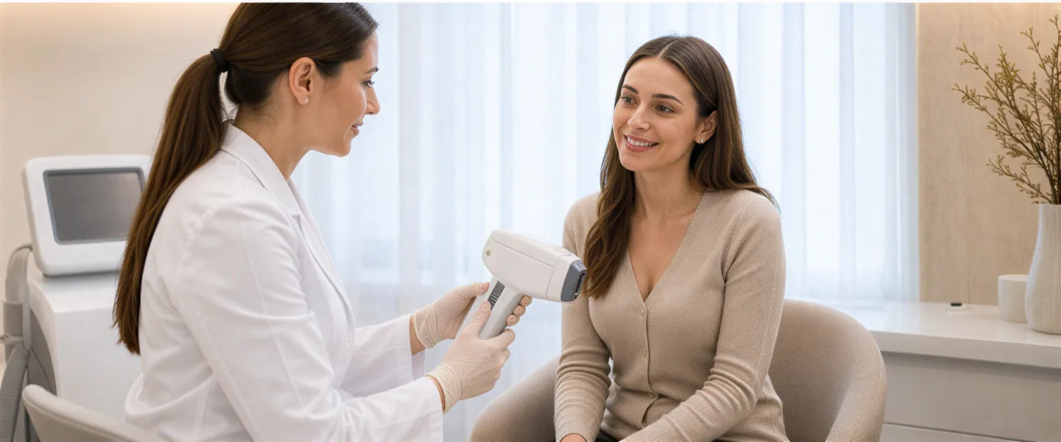 Eine Dermatologin erklärt einer lächelnden Patientin in einer modernen Praxis beruhigend einen Laserbehandlungsplan.