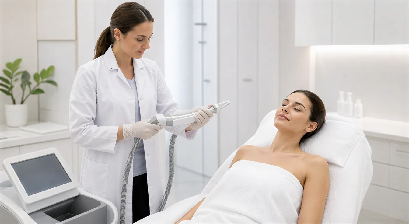 Eine Lasertechnikerin bereitet ein Gerät vor, während eine Patientin entspannt auf einer Behandlungsliege wartet.
