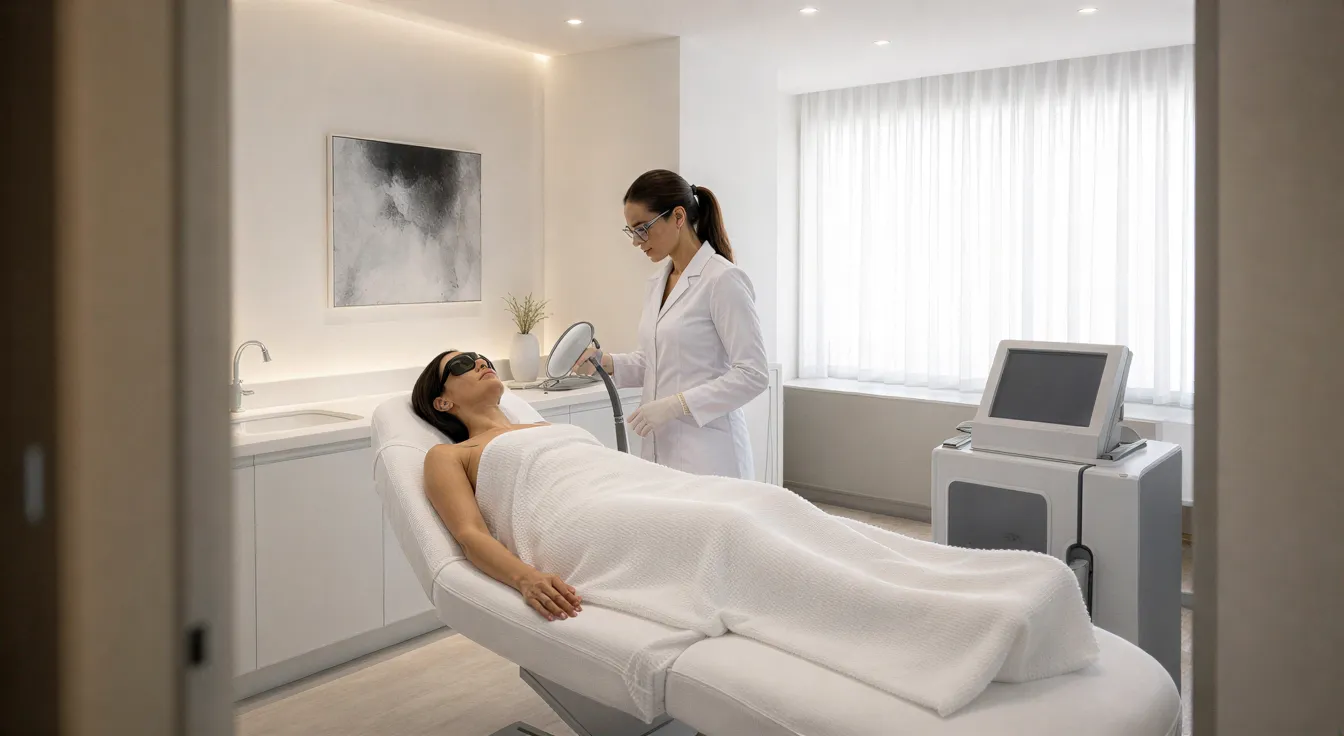 Eine Patientin liegt auf einer Behandlungsliege, während eine Technikerin mit einem Lasergerät danebensteht.