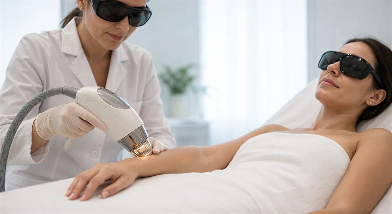 Eine Ärztin behandelt mit einem modernen Laser eine Patientin in einem hellen, klinischen Behandlungsraum.