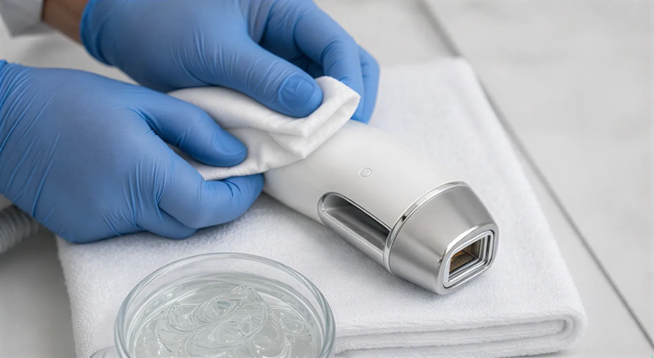 Sanfte Hände in blauen Handschuhen bereiten einen modernen Laser-Handgriff auf einem sauberen Arbeitstisch vor.