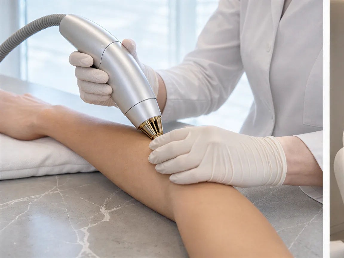 Eine Technikerin mit Handschuhen bereitet einen modernen Laserhandapparat auf einem grauen Quarztisch vor.