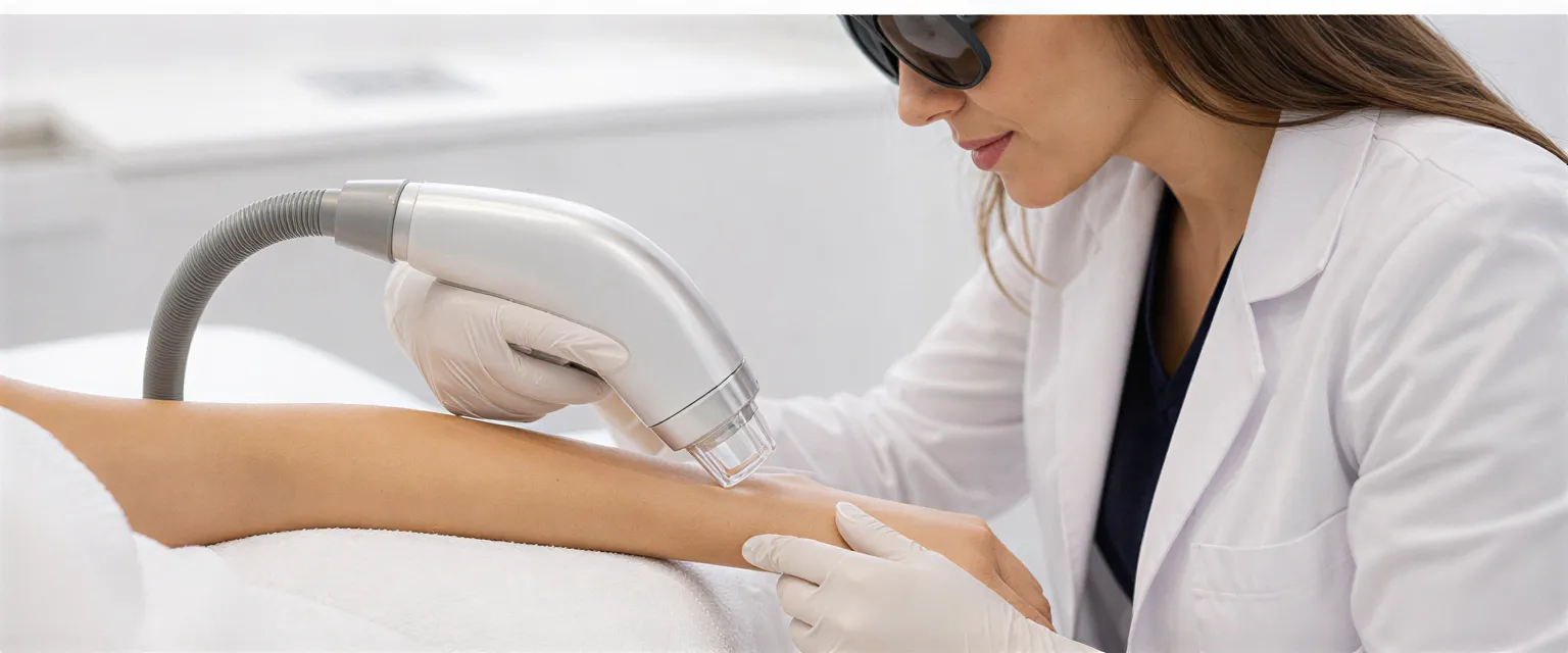 Eine Dermatologin behandelt mit einem medizinischen Laser präzise den Unterarm einer Patientin in einer sterilen Klinik.