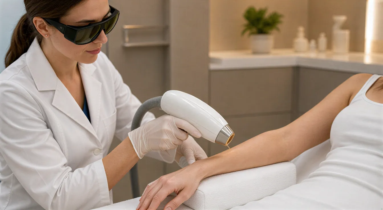 Eine Ästhetikerin behandelt mit einem Laser die Haarentfernung am Arm einer Klientin in einer modernen Klinik.