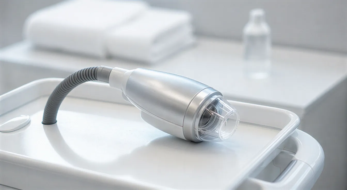 Ein moderner Handlaser liegt auf einem weißen Behandlungswagen in einem sterilen Ästhetikzentrum.