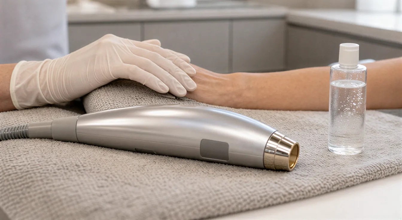 Eine behandschuhte Hand liegt beruhigend auf einem Unterarm neben einem modernen Laser-Handstück auf einem Tuch.