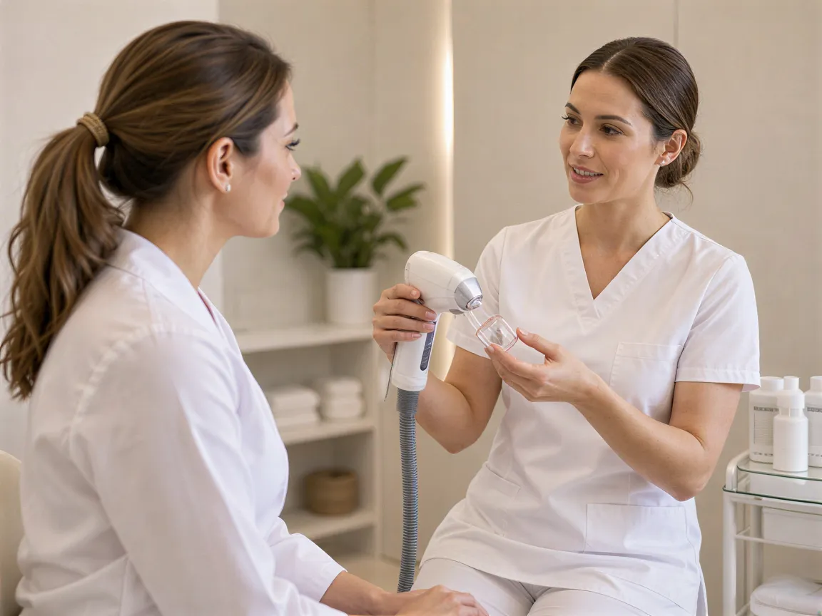 Eine Ärztin erklärt einer Patientin in einer modernen Laserbehandlungspraxis ein medizinisches Gerät.