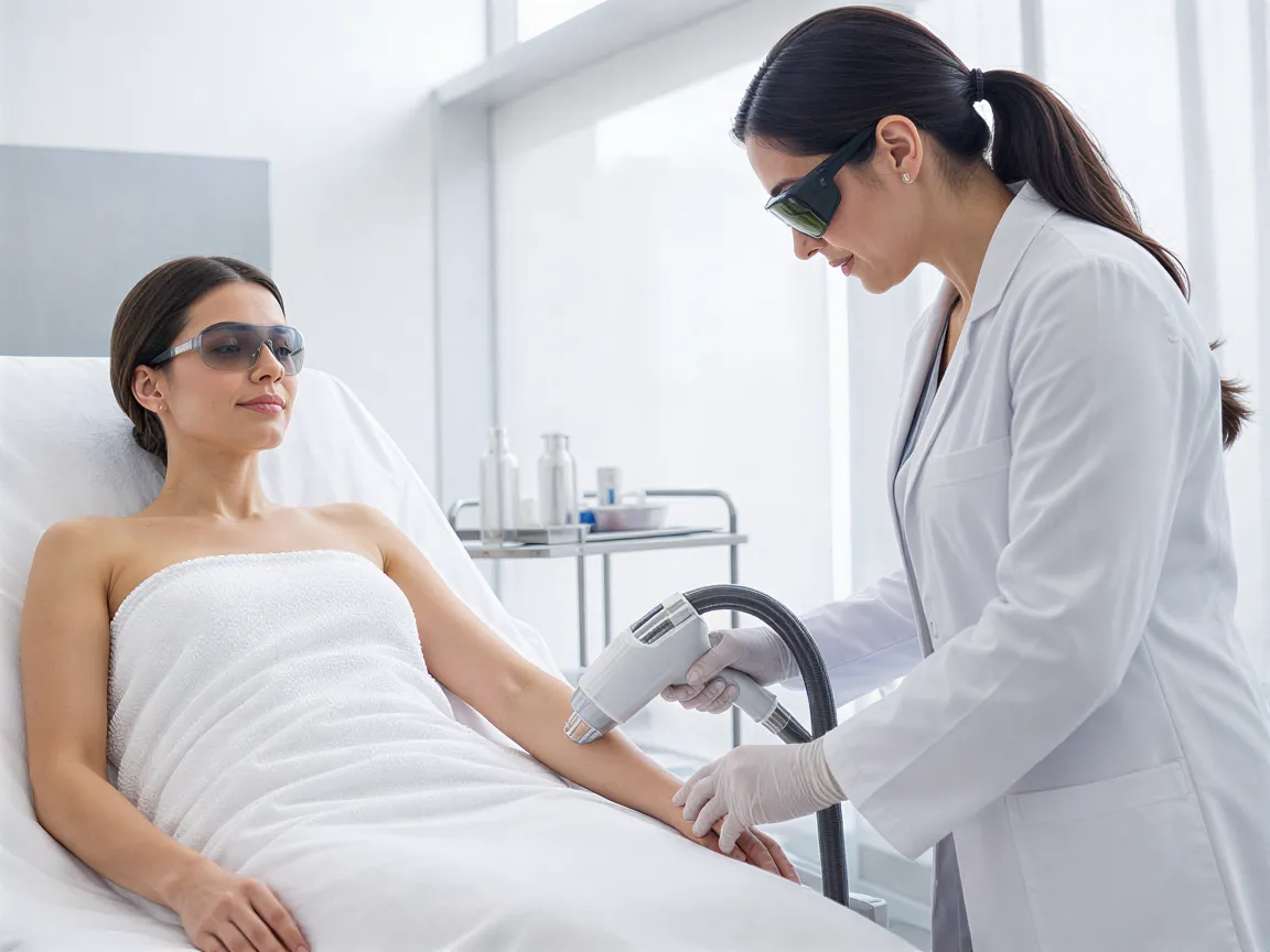 Eine Patientin liegt entspannt auf einer Behandlungsliege, während eine Ärztin mit einem Laser an ihrem Arm arbeitet.