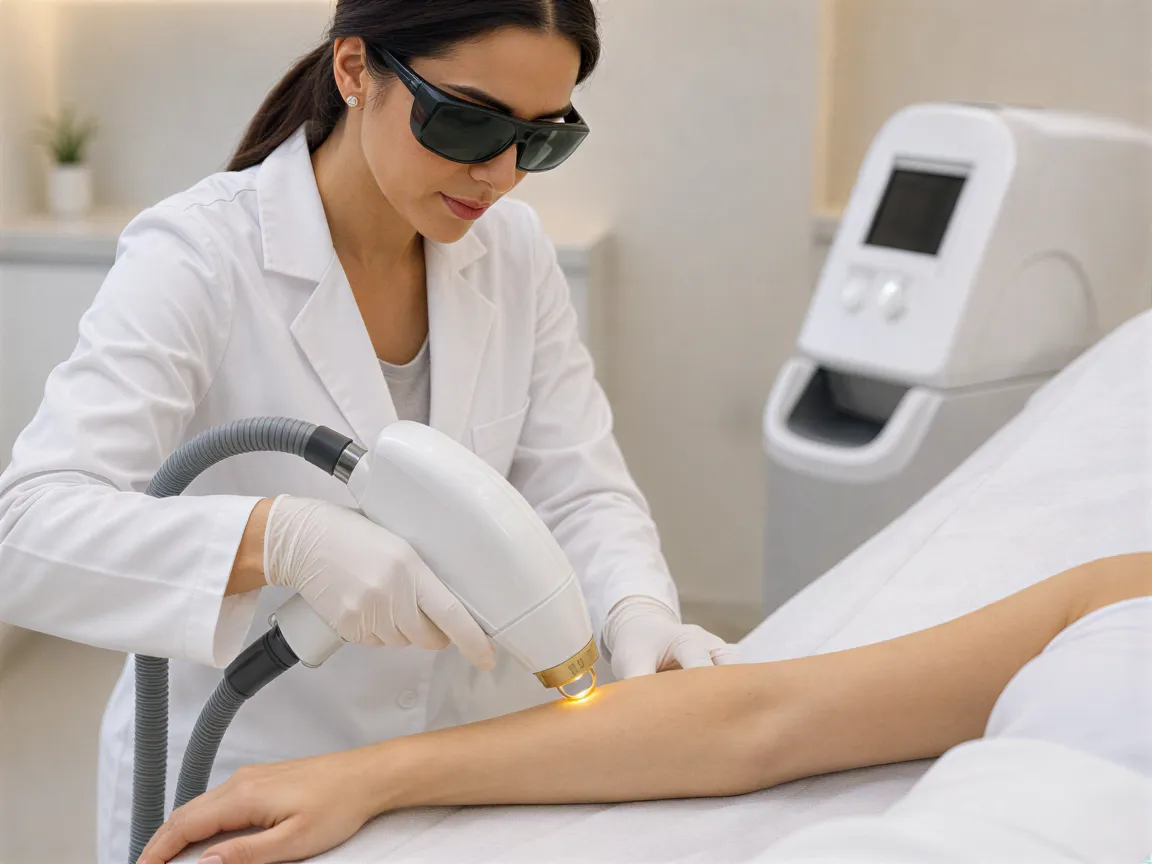 Eine Dermatologin führt eine Laserepilation am Unterarm einer Klientin in einem modernen Behandlungsraum durch.