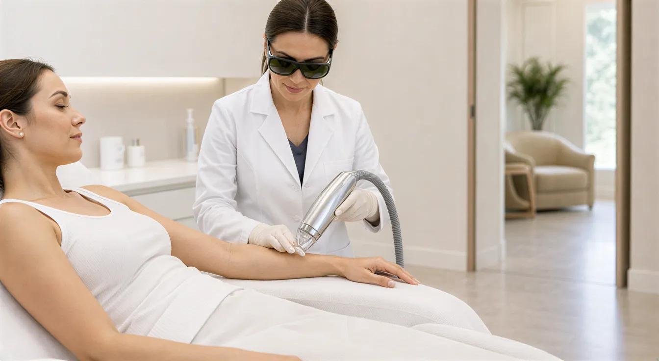 Eine Ärztin führt mit einem modernen Laser eine schmerzfreie Behandlung am Arm einer Patientin durch.