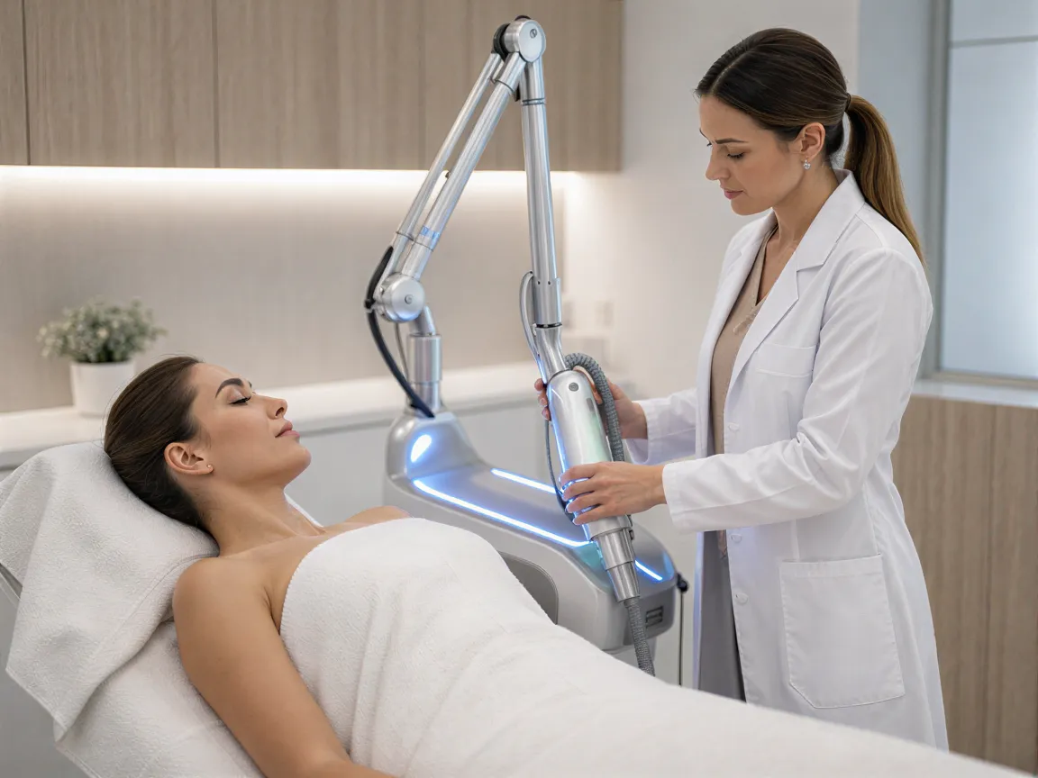 Eine Patientin liegt entspannt auf einer Behandlungsliege, während eine Ärztin einen modernen Laser justiert.