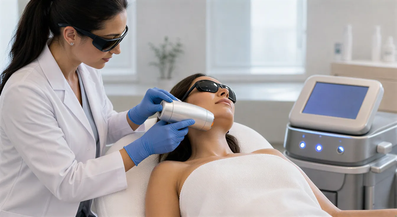 Eine Ästhetikerin behandelt eine Klientin mit einem modernen Laser in einem ruhigen, hygienischen Behandlungsraum.