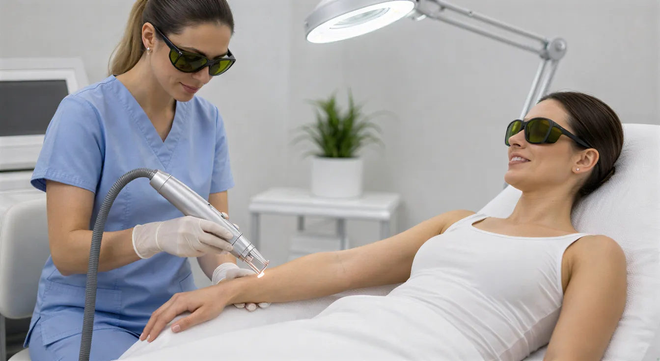 Eine Ärztin führt mit einem Laser eine Haarentfernungsbehandlung am Unterarm einer entspannten Patientin durch.
