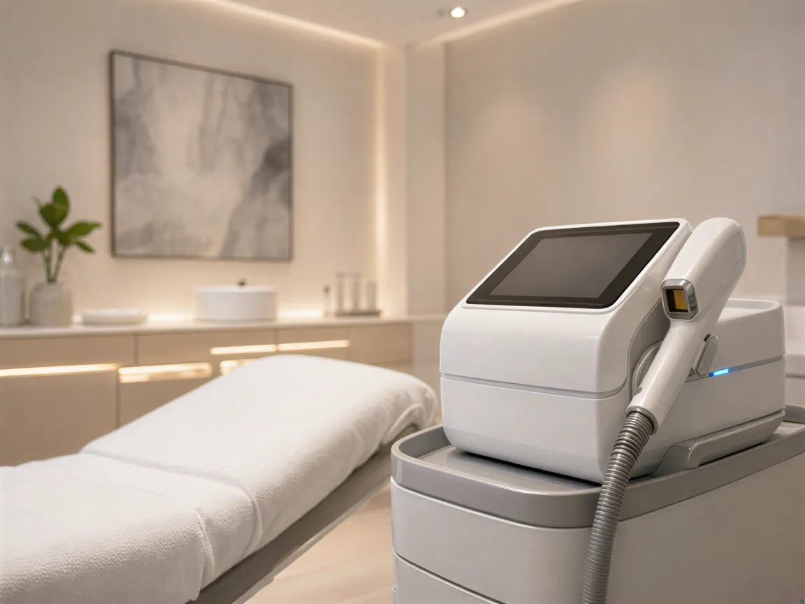 Eine Ärztin positioniert mit behandschuhten Händen präzise ein Laser-Gerät über der Haut eines Unterarms.