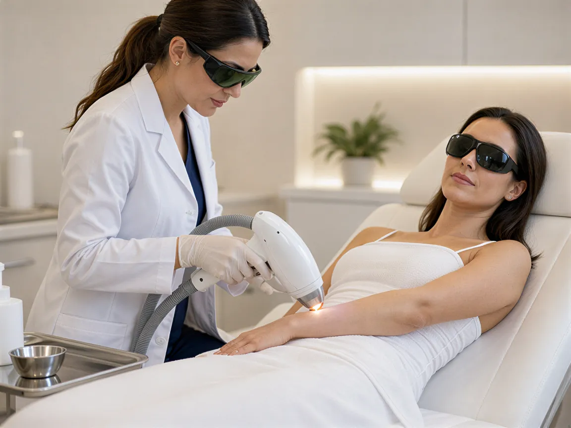 Eine Lasertechnikerin führt eine Haarentfernungsbehandlung an einer Patientin in einem modernen Behandlungsraum durch.