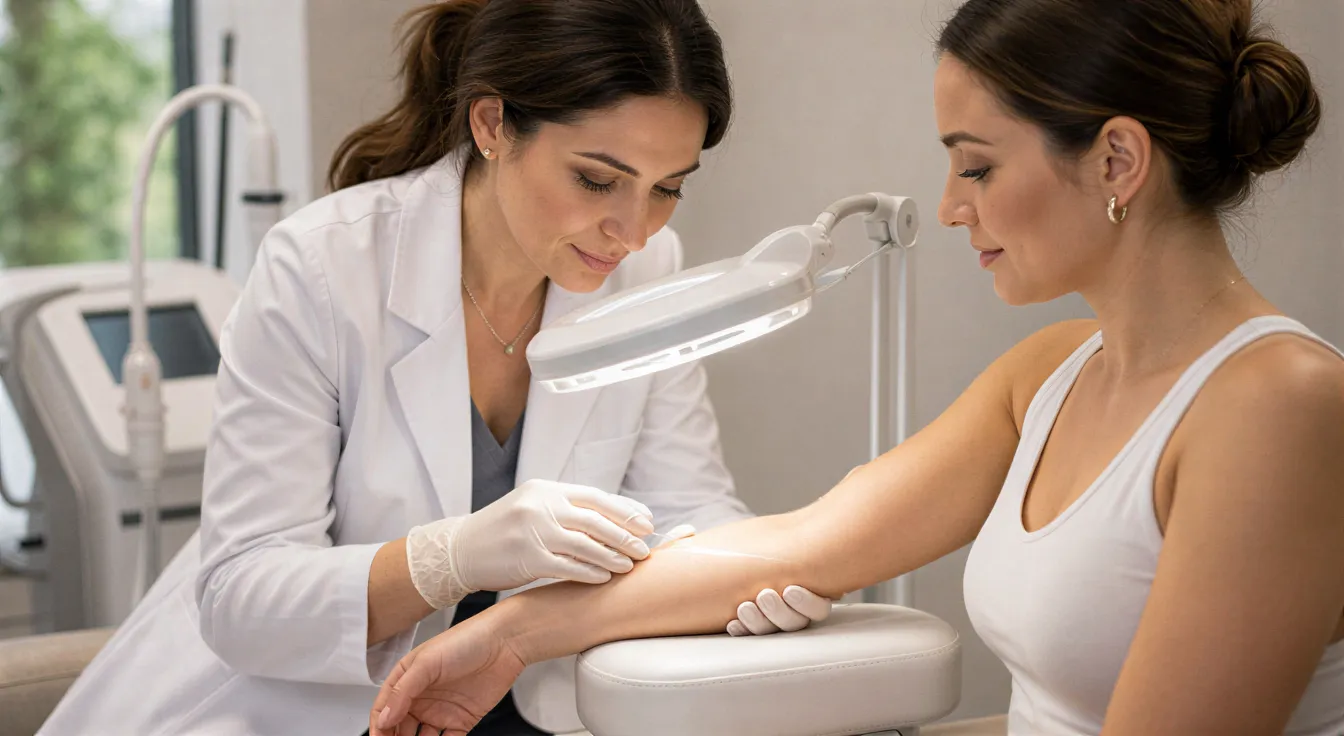 Eine Dermatologin untersucht mit einer Lupe die Haut am Unterarm einer entspannten Patientin in einem modernen