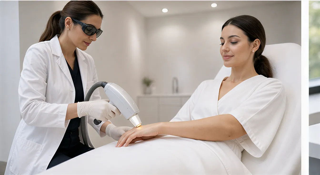 Eine Dermatologin behandelt mit einem Lasergerät den Unterarm einer entspannten Patientin in einem modernen Behandlungsraum.