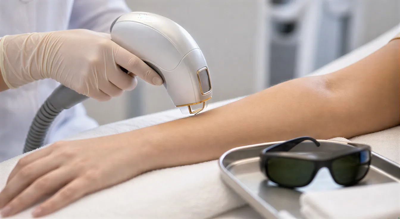 Eine behandschuhte Hand positioniert präzise einen modernen Laser-Handapparat über einem Hautareal am Arm.