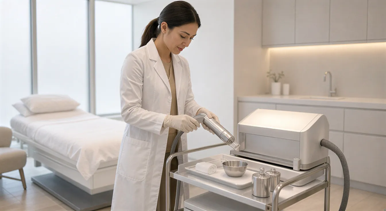Eine Lasertechnikerin bereitet in einem sterilen Behandlungszimmer präzise ein medizinisches Lasergerät vor.