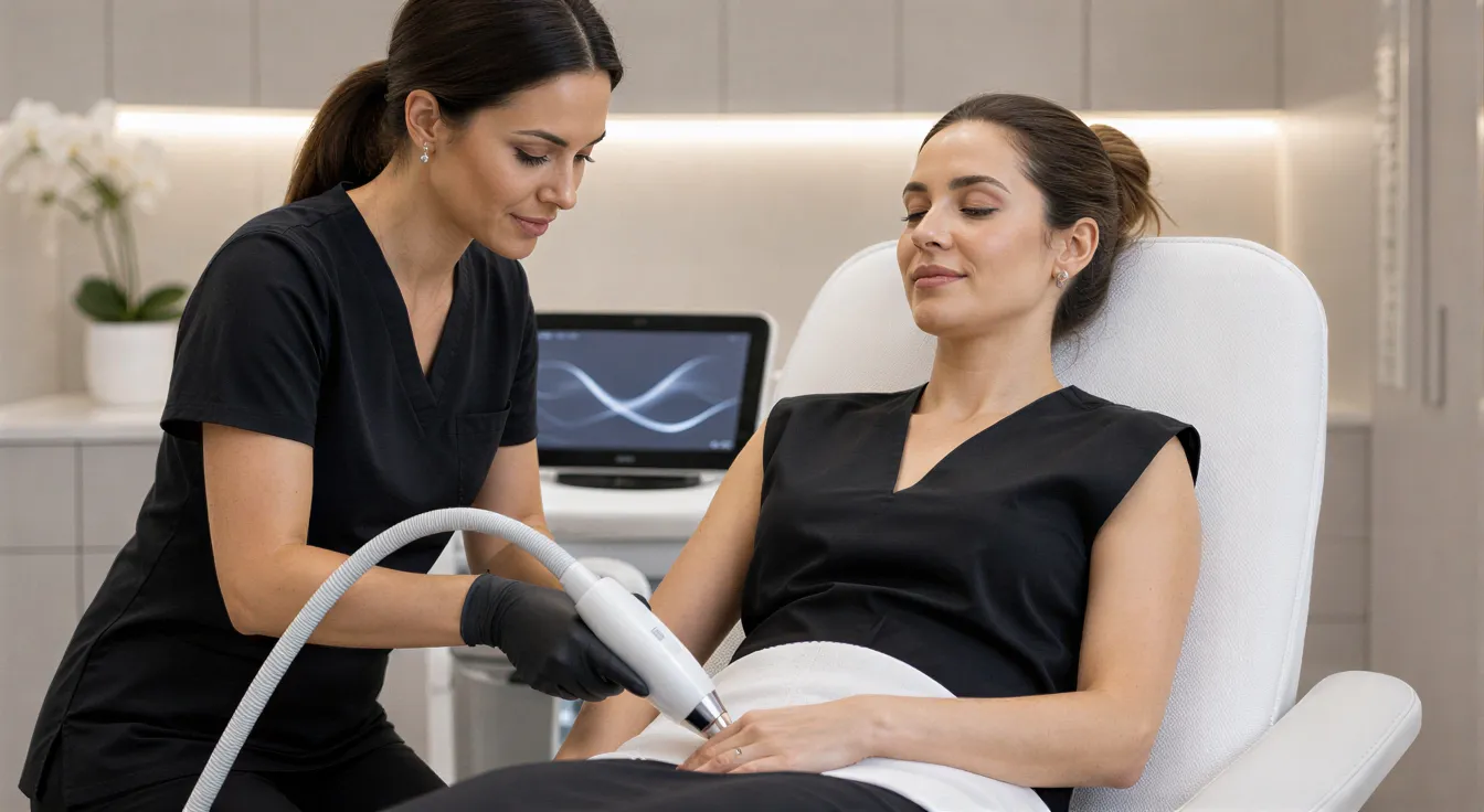 Eine Ärztin führt eine Laserbehandlung an der Unterarm einer entspannten Patientin in einem modernen Behandlungsraum durch.