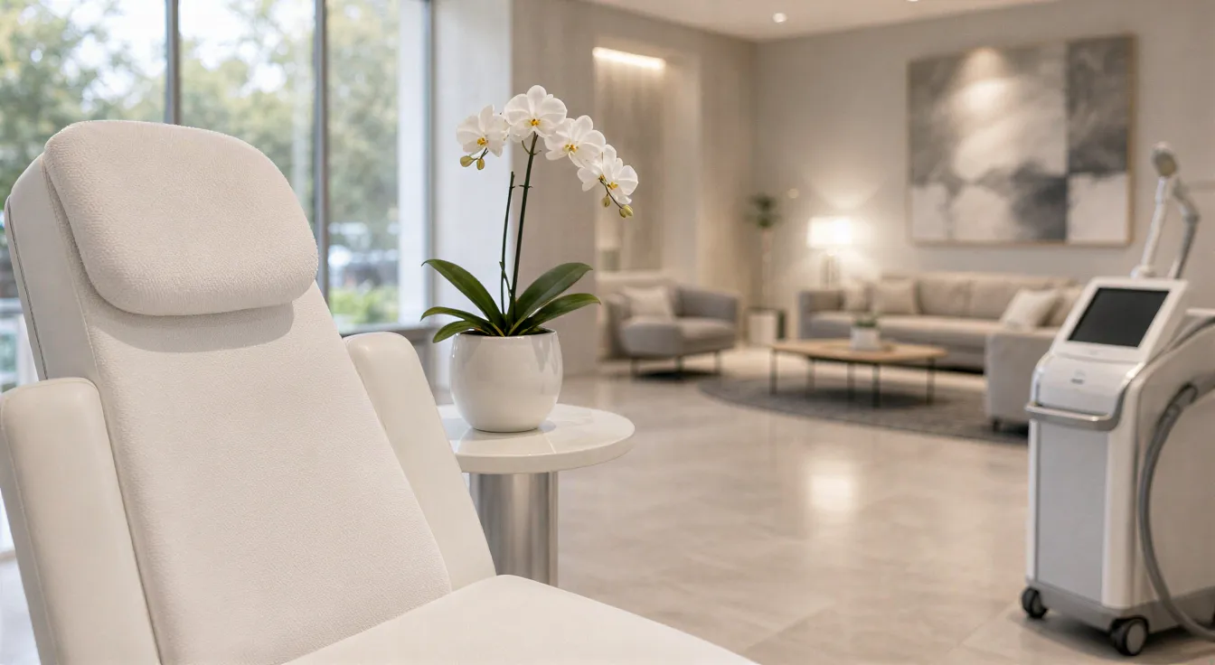 Ein moderner Laserbehandlungsbereich mit Patientenstuhl, Orchidee und wartezimmer im Hintergrund.