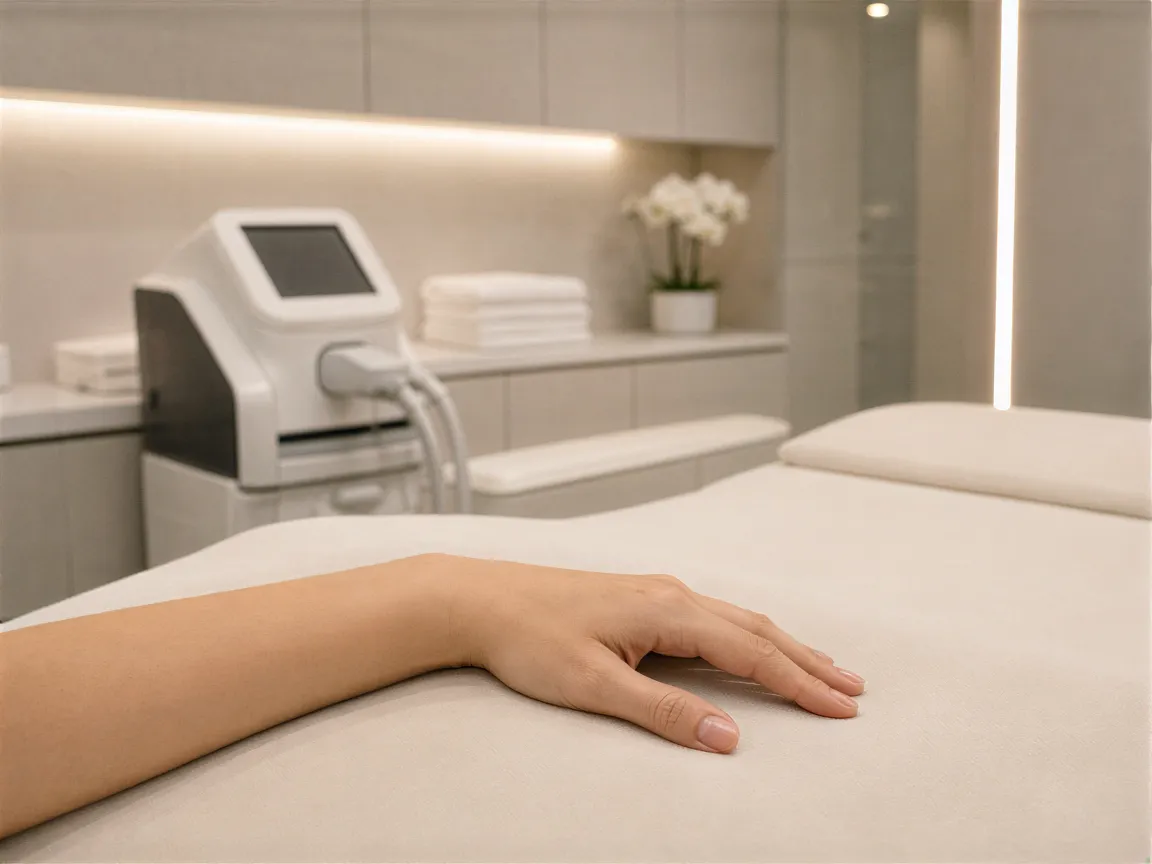 Eine Hand ruht auf einer Behandlungsliege in einem modernen, sauberen Laserbehandlungsraum.