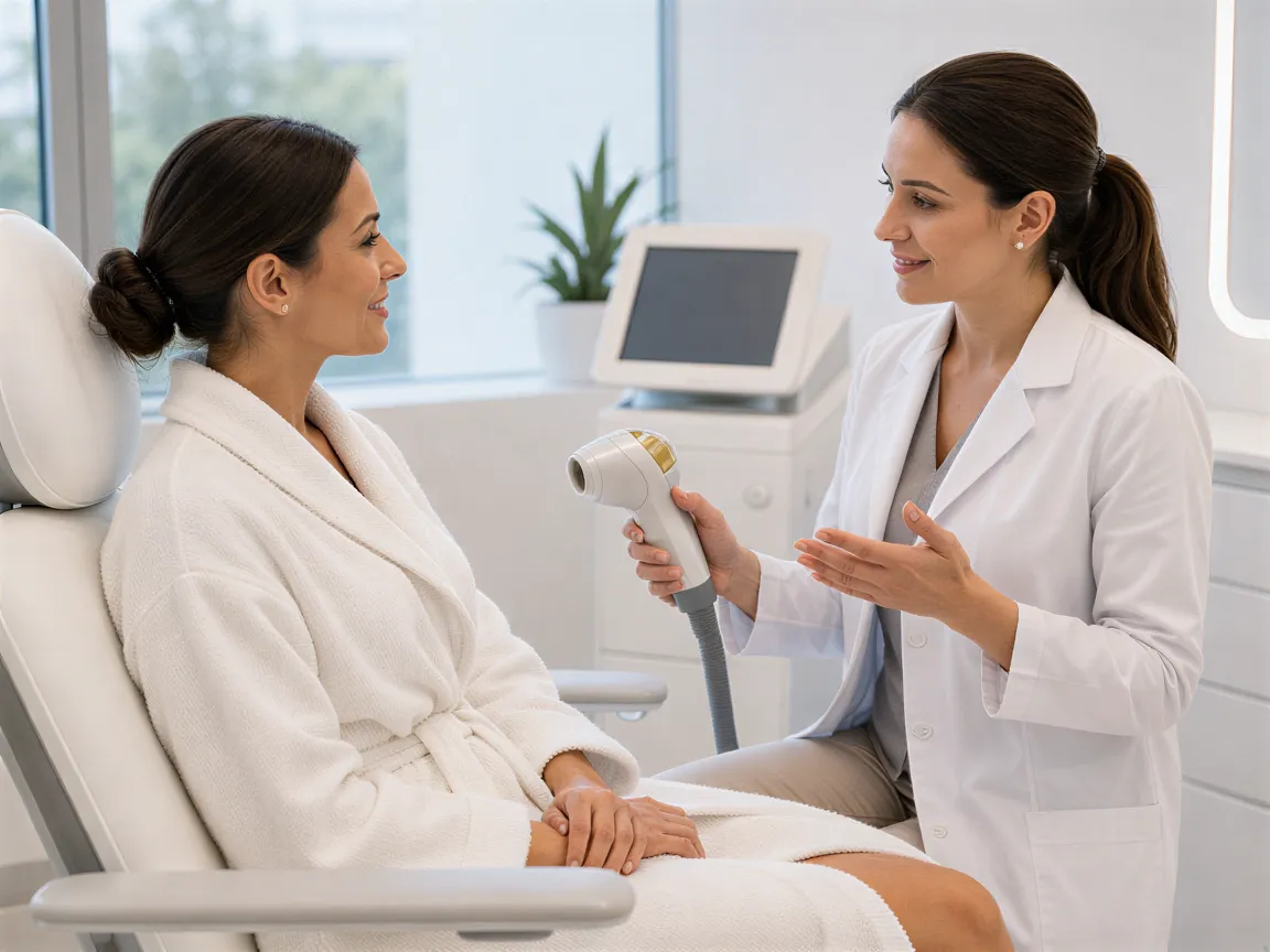 Eine Ärztin erklärt einer Patientin in einem modernen Behandlungsraum mit einem Laser-Handstück einen medizinischen Eingriff.
