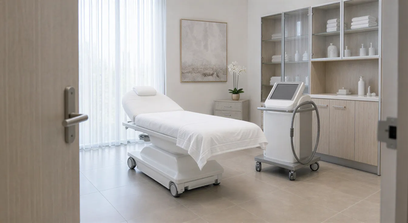 Ein moderner Behandlungsraum in einer Ästhetikklinik mit weißem Behandlungslieger und Lasertechnik in neutralen Farben.