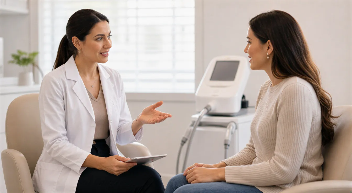 Eine Dermatologin erklärt einer aufmerksamen Patientin in einem modernen Behandlungsraum einen Eingriff.