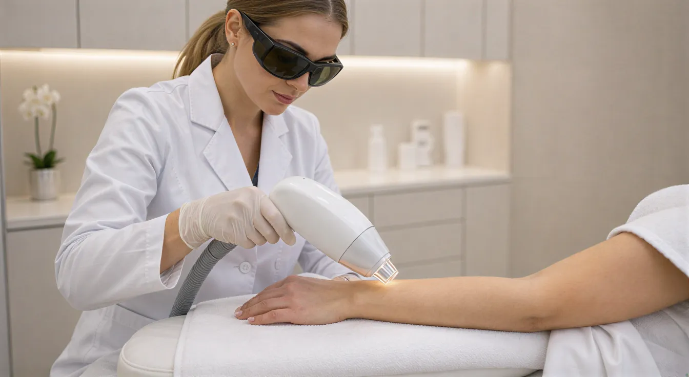 Eine Lasertechnikerin führt mit Schutzbrille eine Haarentfernungsbehandlung am Unterarm einer Klientin durch.