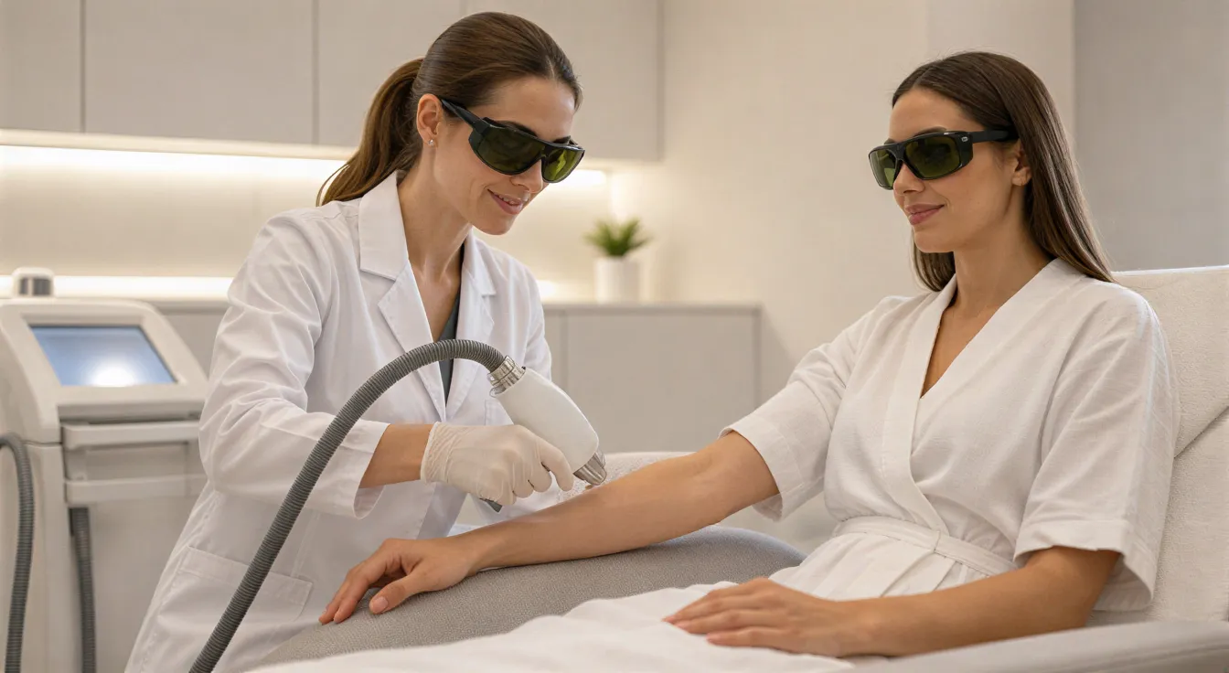 Eine Ärztin behandelt mit einem Laser die Unterarmhaut einer Patientin in einem modernen Behandlungsraum.