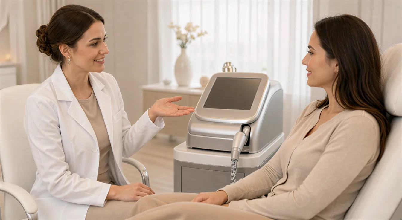 Eine Dermatologin erklärt einer Patientin ein modernes Lasergerät in einem hellen Behandlungsraum.