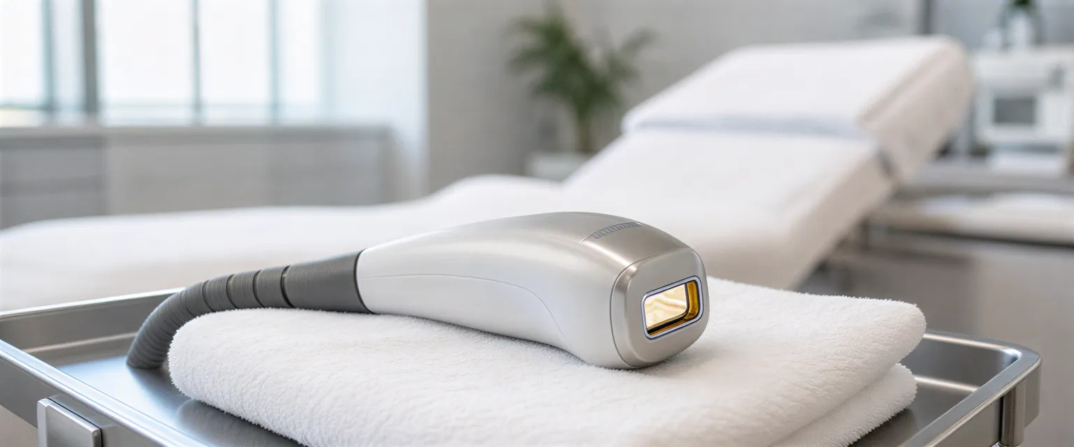 Ein moderner Diode-Laser-Handgriff liegt auf einem weißen Handtuch auf einem Edelstahlwagen in einer Ästhetik-Praxis.