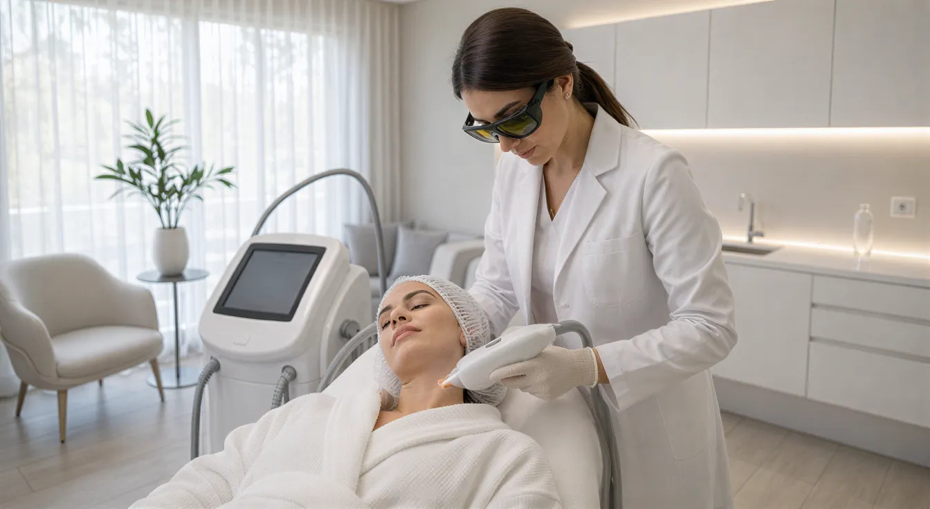 Eine Ärztin behandelt eine Patientin mit einem Laser im minimalistischen Behandlungsraum.