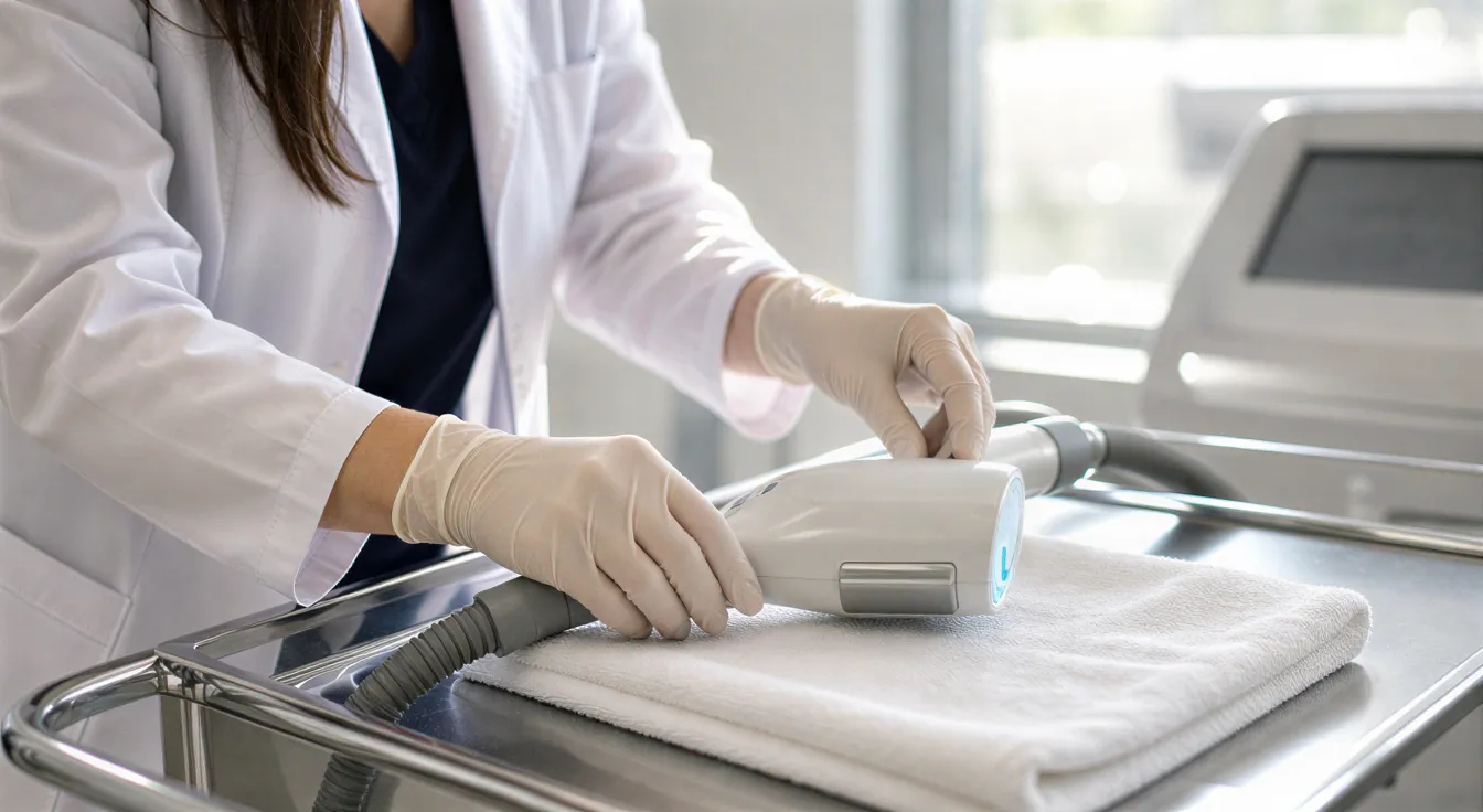 Eine Dermatologin bereitet in einem modernen Behandlungsraum ein Laserhaarentfernungsgerät auf einem Behandlungswagen vor.