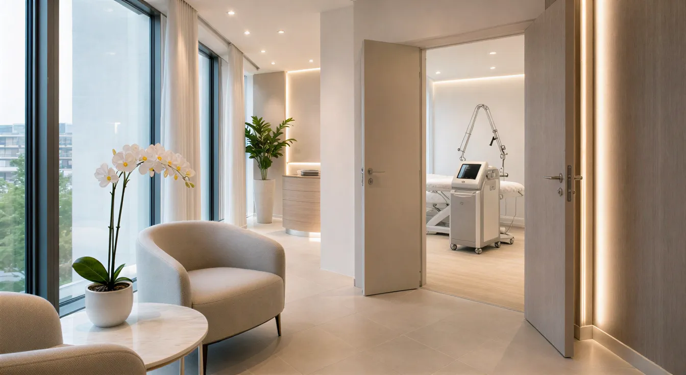 Ein moderner Laserklinik-Wartebereich mit neutralen Sesseln und einer Orchidee vor einer geöffneten Behandlungstür.