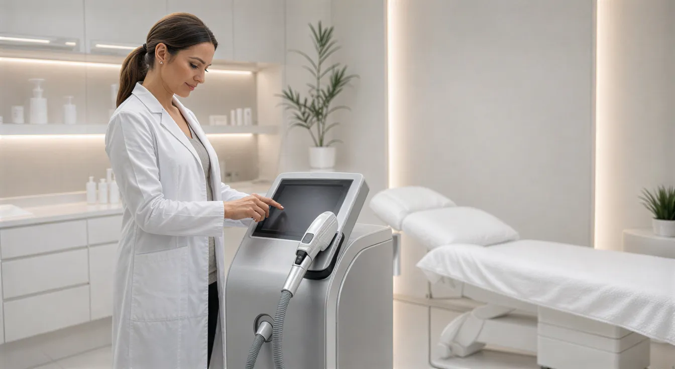 Eine Ärztin in weißem Kittel bedient eine moderne Laserhaarentfernungsmaschine in einer sterilen Behandlungskabine.