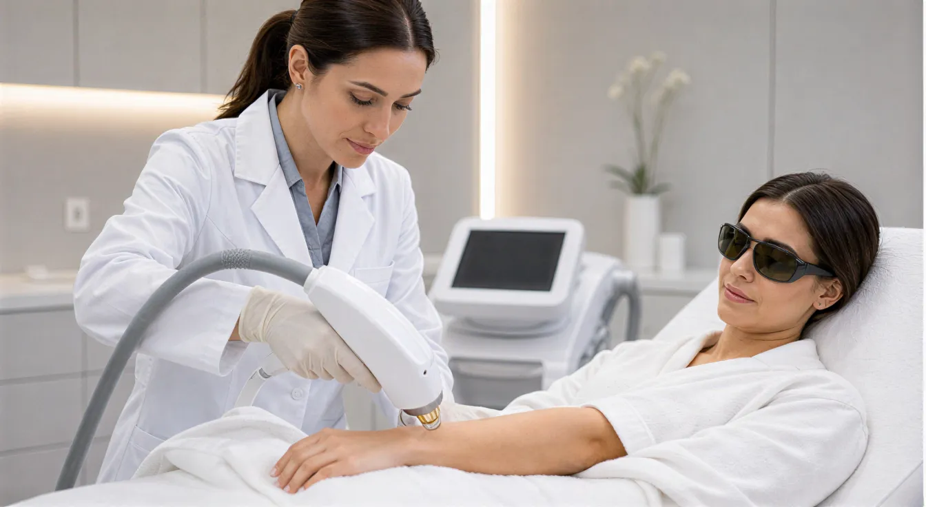 Eine Dermatologin führt mit einem modernen Laser eine Haarentfernungsbehandlung am Unterarm einer Klientin durch.